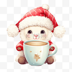 羊标志插图图片_可爱的羊戴着圣诞老人的帽子在杯
