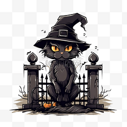 万圣节猫在坟墓和门设计上戴帽子