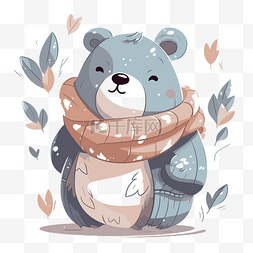 树叶冬天图片_冬季熊剪贴画熊穿着围巾与树叶卡