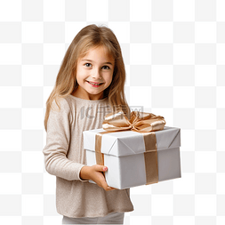 儿童抱着礼物盒图片_小女孩在房间里的圣诞树附近拿着