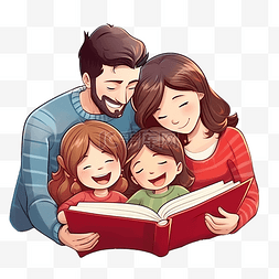 孩子和父母看书图片_女儿和父母躺在床上，在圣诞树旁