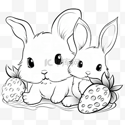 卡通兔子和女孩图片_黑白着色的兔子和草莓矢量