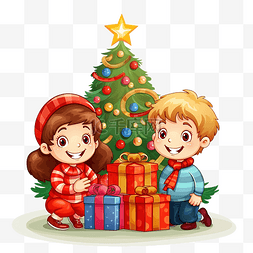 儿童模特模型图片_快乐的孩子们在家里靠近圣诞树和