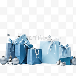 带有蓝色纸袋和装饰品的圣诞购物