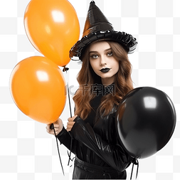 抱着球的女人图片_年轻女巫拿着黑色和橙色气球参加