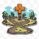 卡通十字架，有一条通往树林的土路 向量