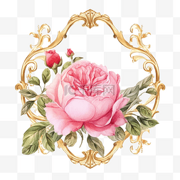 水彩粉红色英国玫瑰与金框