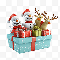 雪人和圣诞老人图片_3d 圣诞礼品盒在雪橇上与驯鹿和雪