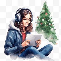 十几岁的女孩图片_带笔记本电脑在圣诞树附近听音乐