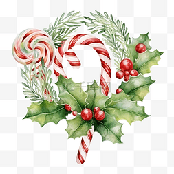 手绘手杖糖图片_圣诞冬青边框与糖果手杖和棒棒糖