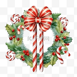 长糖图片_圣诞冬青花环，配有长袜和拐杖糖