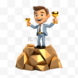 商人在岩石顶上拿着金色奖杯 3D 