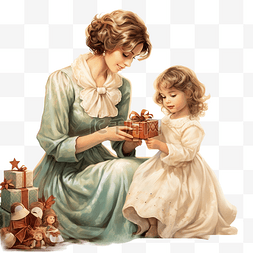 母亲和女儿在圣诞树旁拿着圣诞玩