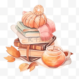 自然灵感图片_水彩秋季舒适毯子，配有书籍和咖