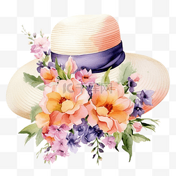夏季帽子与花朵水彩剪贴画 ai 生