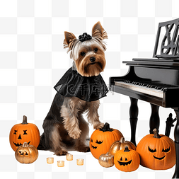 约克夏犬坐在钢琴背景下的椅子上