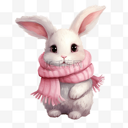 兔子耳朵手绘图片_白兔带着粉色围巾冬季插画