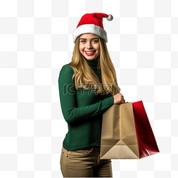 售货员商店图片_戴着圣诞帽和购物袋的女孩在孤立