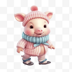 可爱的小猪穿着毛衣玩滑冰
