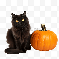 黑毛茸茸的猫靠近成熟的橙姜美丽