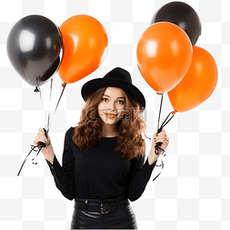 自我满足图片_年轻女巫拿着黑色和橙色气球参加