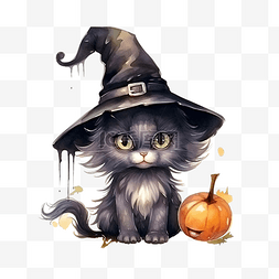 女巫猫图片_万圣节可爱的人物女巫猫水彩插图