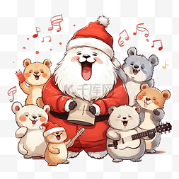 卡通可爱圣诞圣诞老人和动物唱歌