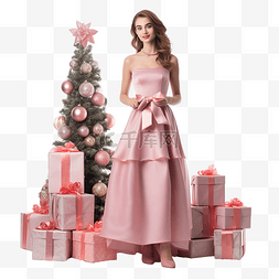 圣诞树礼品盒旁站着一个穿着粉色