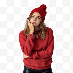 沉思的人图片_戴着圣诞帽的女孩心存疑虑，表情