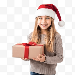 小地射灯图片_戴着圣诞帽的可爱小女孩孤立地站