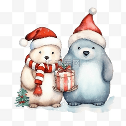 可爱的北极熊和企鹅圣诞节水彩卡