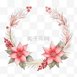 桉叶卡通图片_水彩圣诞框架与粉红一品红和桉树