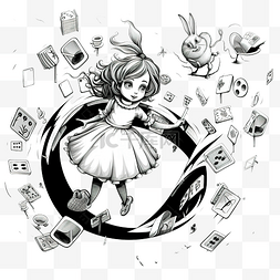 爱丽斯梦游仙境图片_黑白爱丽丝角色掉进兔子洞儿童绘