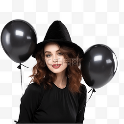 黑化女人图片_有氦气球的迷人女巫庆祝万圣节的