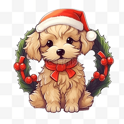 圣诞节那天带着花环的可爱涂鸦狗
