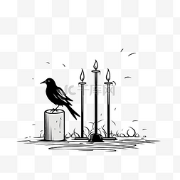 圖像图片_带乌鸦的墓碑和带蜡烛的复古烛台
