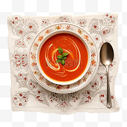 墨西哥番茄汤用勺子放在桌布上
