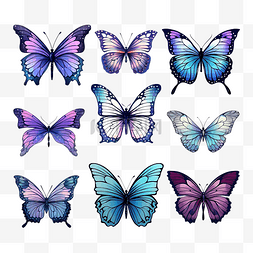 抽象彩色叶子图片_一套热带蓝色紫色彩色蝴蝶用于打