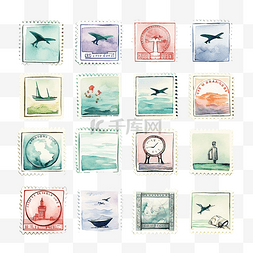 水彩邮票旅行剪贴画
