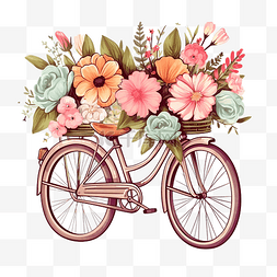 骑自行车插画图片_自行车插画与鲜花花束