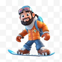 滑雪板插画图片_男人在雪山滑雪 3D 人物插画