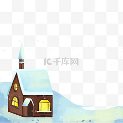 水彩树林插画图片_雪山上的小木屋雪景