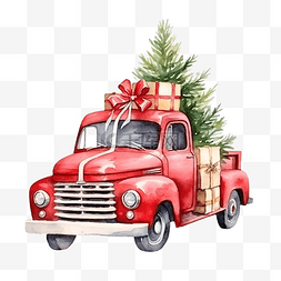 松树圣诞节图片_有松树和礼品盒的水彩红色圣诞卡