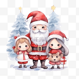 可爱的圣诞老人和朋友们带着水彩