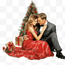 一对美丽的夫妇躺在圣诞树和壁炉
