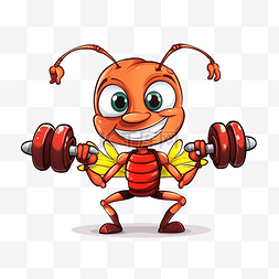 健身房健身图片_卡通可爱蚂蚁拿着哑铃人物插画进