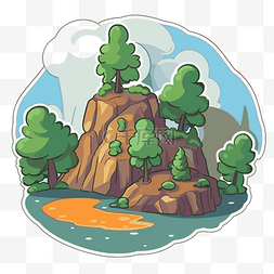 卡通贴纸显示一个有树木的岩石岛