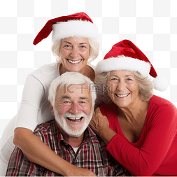 可爱的祖母和年轻夫妇戴着圣诞帽