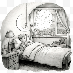 小床手绘图片_圣诞月夜睡在房间里的小男孩的手