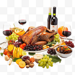 果木卦炉烤鸭图片_感恩节晚餐，包括烤鸭水果蔬菜和